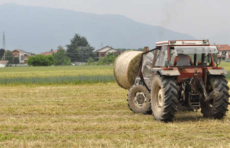 TURIN, ITALY - CIRCA MAY 2020: tractor loading round hay bales made of grass in a fieldのeditorial素材