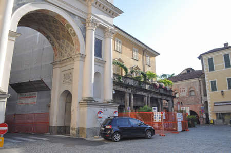 SAVIGLIANO, ITALY - CIRCA JUNE 2021: Piazza Santorre di Santarosa squareのeditorial素材