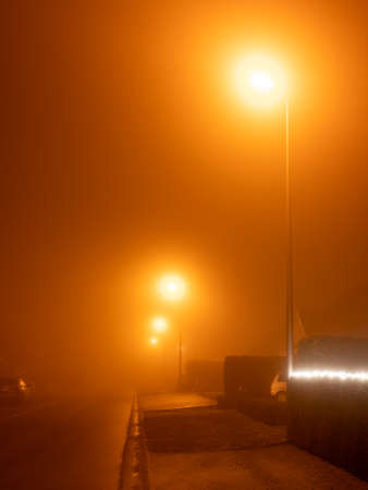 Street lights in a foggy morning at the end of the dayの写真素材