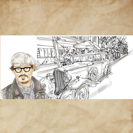 banner boy with hat and old car