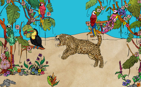 tropical landscape with birds and tiger