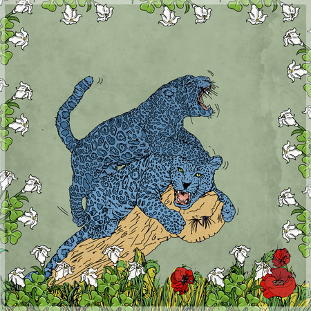 The Panthers, with wreaths and flowers, cloth background vintage and pop art colorful, digital art and floral with repeating patternsの写真素材