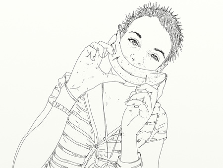 A girl with short hair and a banana laughingの写真素材