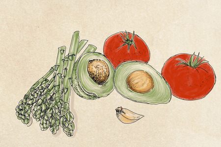 asparagus avocado and tomatoesの写真素材