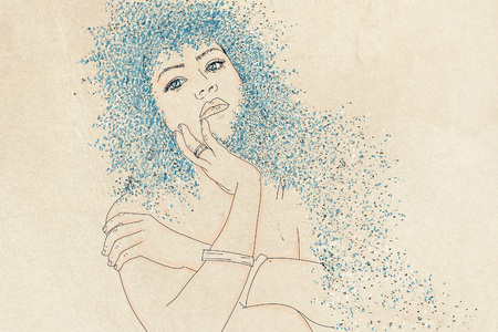 series of women drawn in cartoon portraits, with sand in their hairの写真素材