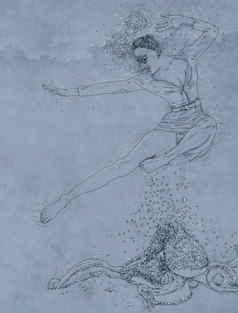 woman with swims and marine elements and bubblesの写真素材