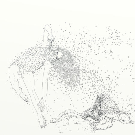 woman with swims and marine elements and bubbles