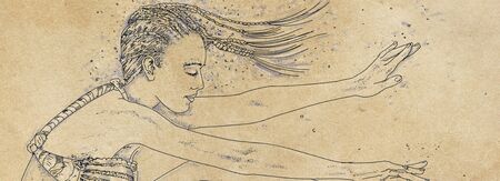 Banners templates with woman with sand design, vintageの写真素材