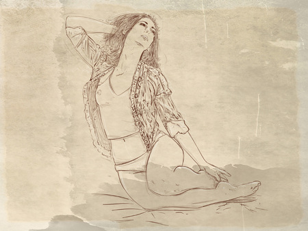 portrait of a brunette woman with dreamy expressionの写真素材