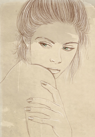 portrait of a brunette woman with dreamy expressionの写真素材