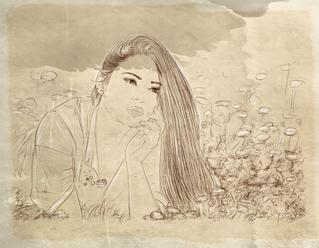 portrait of woman with thick hairの写真素材