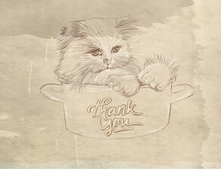 a small cat in a cup realistic animals with vintage backgroundの写真素材