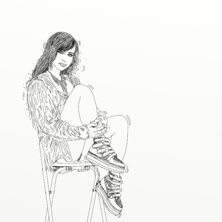 woman, sporty girl on a stoolの写真素材