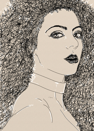 An illustration of a woman with a shy look and bobbed hair.の写真素材