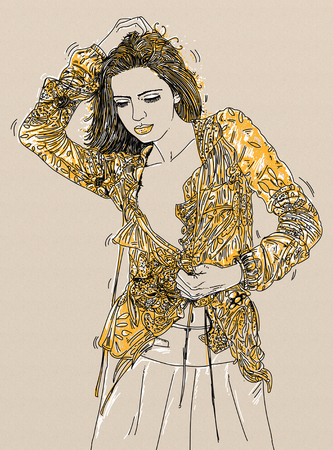 An illustration of a woman with a shy look and bobbed hair.の写真素材