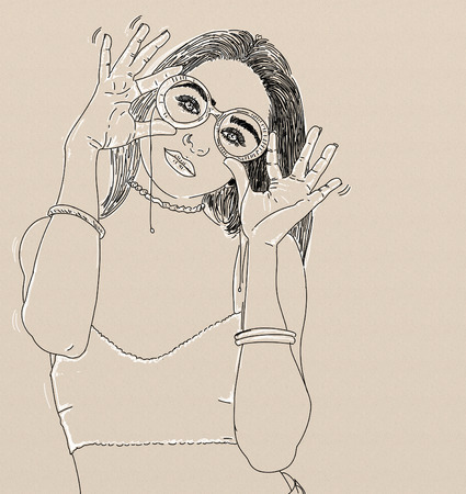 An illustration of a woman with a shy look and bobbed hair.の写真素材