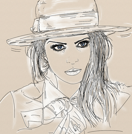An illustration of a woman with a shy look and bobbed hair.の写真素材