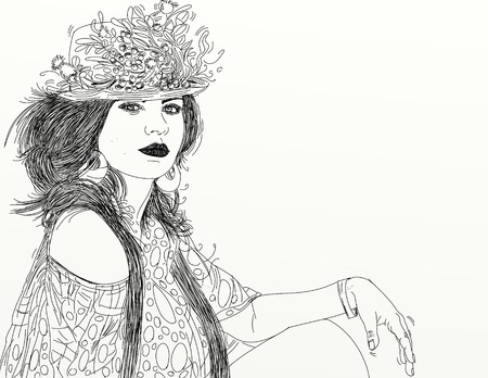 Flower girl, v An illustration of a woman with a shy look and bobbed hair.の写真素材