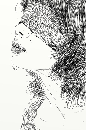 Woman wearing a blindfold An illustration of a woman with a shy look and bobbed hair.の写真素材