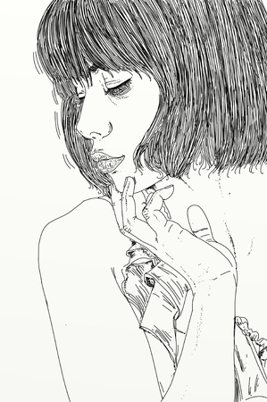 An illustration of a woman with a shy look and bobbed hair.の写真素材