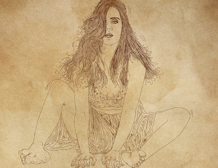 An illustration of a woman with a shy look and bobbed hair.の写真素材