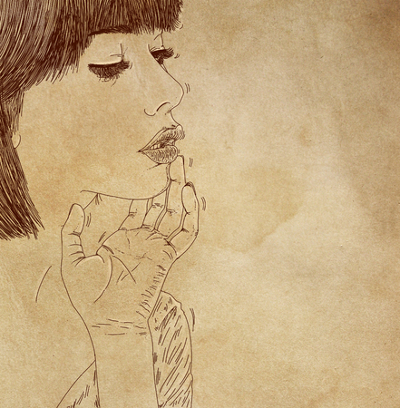 A line art illustration of an adult woman portrait.の写真素材