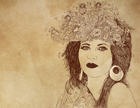 An illustration of a woman with a shy look and bobbed hair.Flower girl, vの写真素材