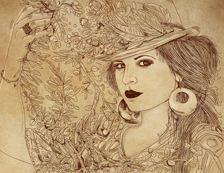 Flower girl, v An illustration of a woman with a shy look and bobbed hair.の写真素材