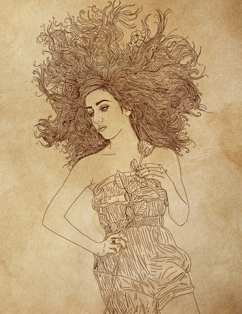 Flower girl, v An illustration of a woman with a shy look and bobbed hair.の写真素材