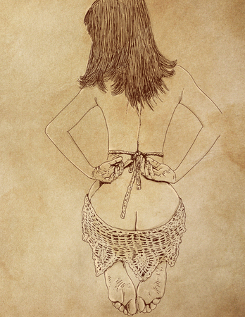 An illustration of a woman with a shy look and bobbed hair.の写真素材