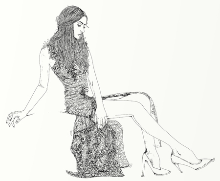 An illustration of a woman with a shy look and bobbed hair.の写真素材