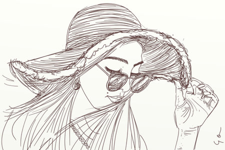 Sketch of a young woman in a hat and sunglasses.の写真素材