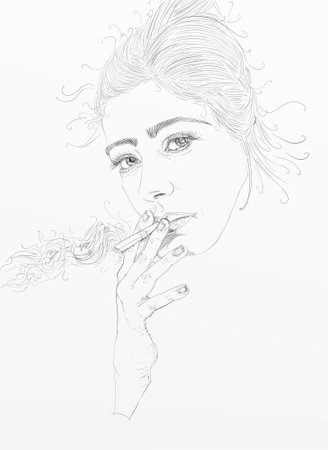 Sketch of a beautiful woman with cigarette. Vector illustration.の写真素材