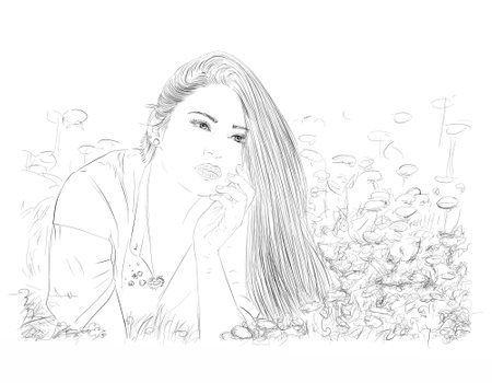 sketch of a beautiful girl on a meadow with flowersの写真素材