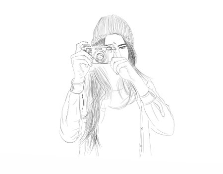 Girl with a camera on a white background. Vector illustration in sketch style.の写真素材