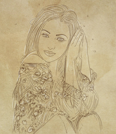 Sketch of a beautiful young woman with long hair. Hand drawn illustration.の写真素材