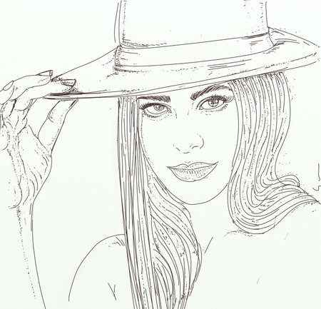 Beautiful woman with hat. Hand drawn vector illustration in sketch style.の写真素材