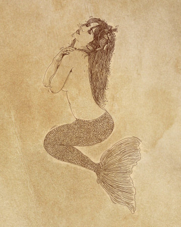 drawing of a mermaid on old paper, hand drawn illustrationの写真素材