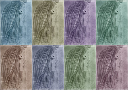 Illustration of a girl with long hair in a collage.の写真素材