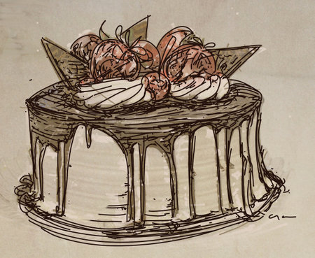 Illustration of a chocolate cake with cherries on top, hand drawingの写真素材
