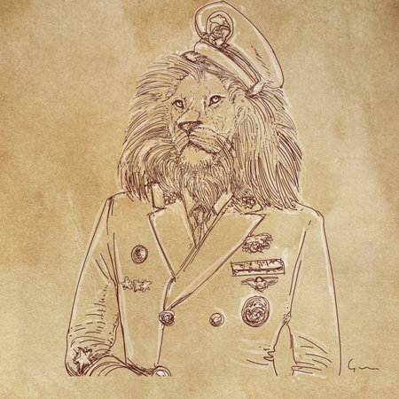 Sketch of a sailor with a lion on a grunge backgroundの写真素材