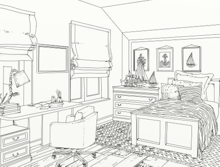 Bedroom graphic black white home interior sketch illustration vector hand drawn designの写真素材