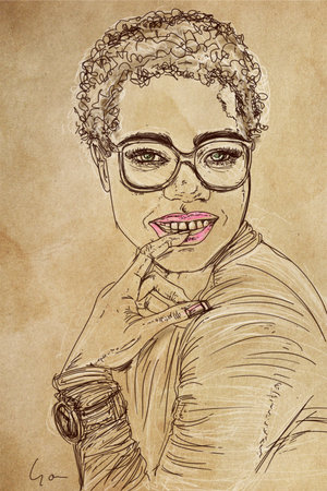 Sketch of an African American woman in glasses. Hand drawn illustration.の写真素材