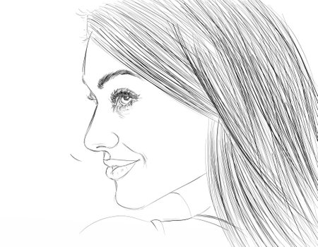 sketch of a beautiful young woman with long hair on white backgroundの写真素材