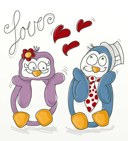 Cute penguins in love on a white background, vector illustrationの写真素材