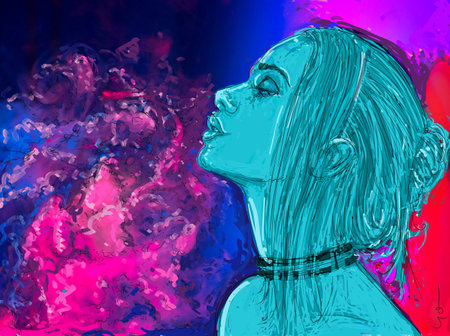 Digital painting of a beautiful woman's face in front of a colorful backgroundの写真素材