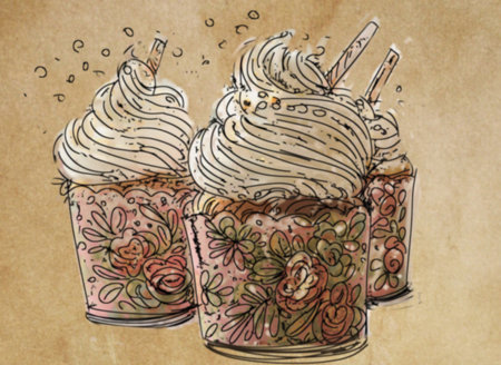 Hand drawn cupcake with cream and coffee on old paper background.の写真素材