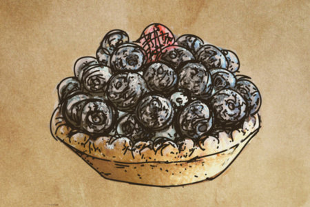 Bowl of blueberries on a brown background. Hand drawn illustration.の写真素材