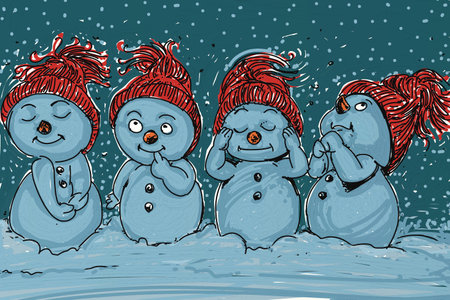 Vector illustration of a group of snowmen on a snowy background.の写真素材