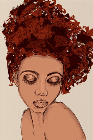 Portrait of a beautiful young woman with curly hair. Vector illustration.の写真素材